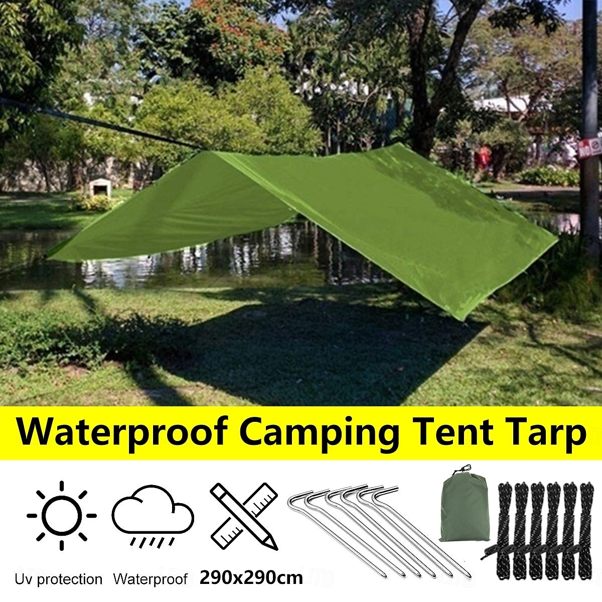 lona de rede de acampamento impermeável e versátil - 114x114 guarda-sol com sobrecapa de chuva &abrigo para mochileiros com cabos de sustentação &estacas - perfeitas para aventuras ao ar livre de 2025 por $49.99 –P4