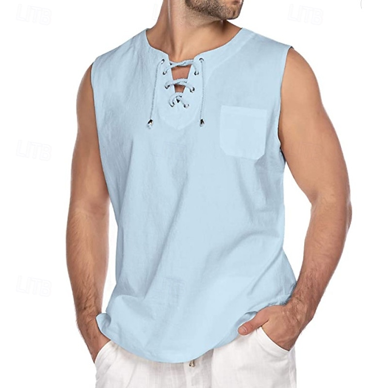 Per uomo Camicia Camicia di lino Camicia popover Camicia Estiva Abbigliamento da spiaggia Maglietta senza maniche Tinta unica Vacanza Streetwear Nero Bianco Blu marino Azzurro cielo Senza Maniche del 2025 a $19.99 –P2