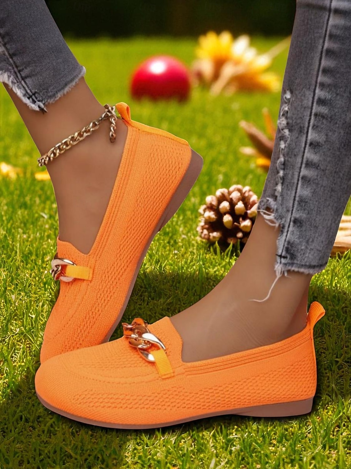 Mocassins Flyknit orange à bout large pour femme – chaussures plates décontractées, confortables et respirantes avec chaîne en métal, idéales pour le shopping, le travail et les promenades dans le jardin de 2025 ? $19.99 –P4