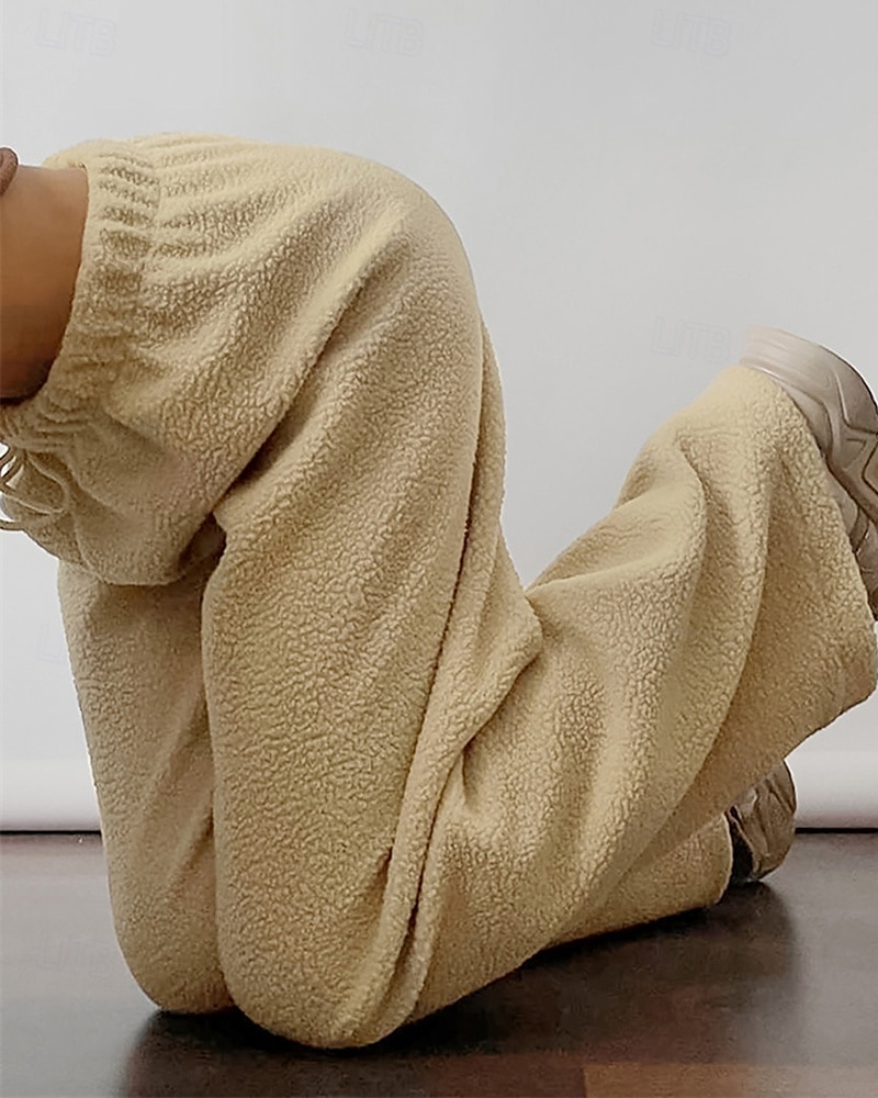 Dam Fleecebyxor Byxor Rak Mode Streetwear Fullängd Hög midja Slät Snörning Elastisk midja Mateial som andas Bekväm Microelastisk Gata Dagliga kläder Utekväll Vit Brun Kaki Höst Vinter Normal 2025 - $32.99 –P3