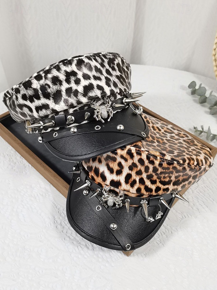 Boné militar feminino com estampa de leopardo para Halloween – chapéu gótico punk de couro sintético com pontas e tachas de aranha, acessório para festa à fantasia e cosplay para uma noite assustadora de 2026 por $14.99 –P5
