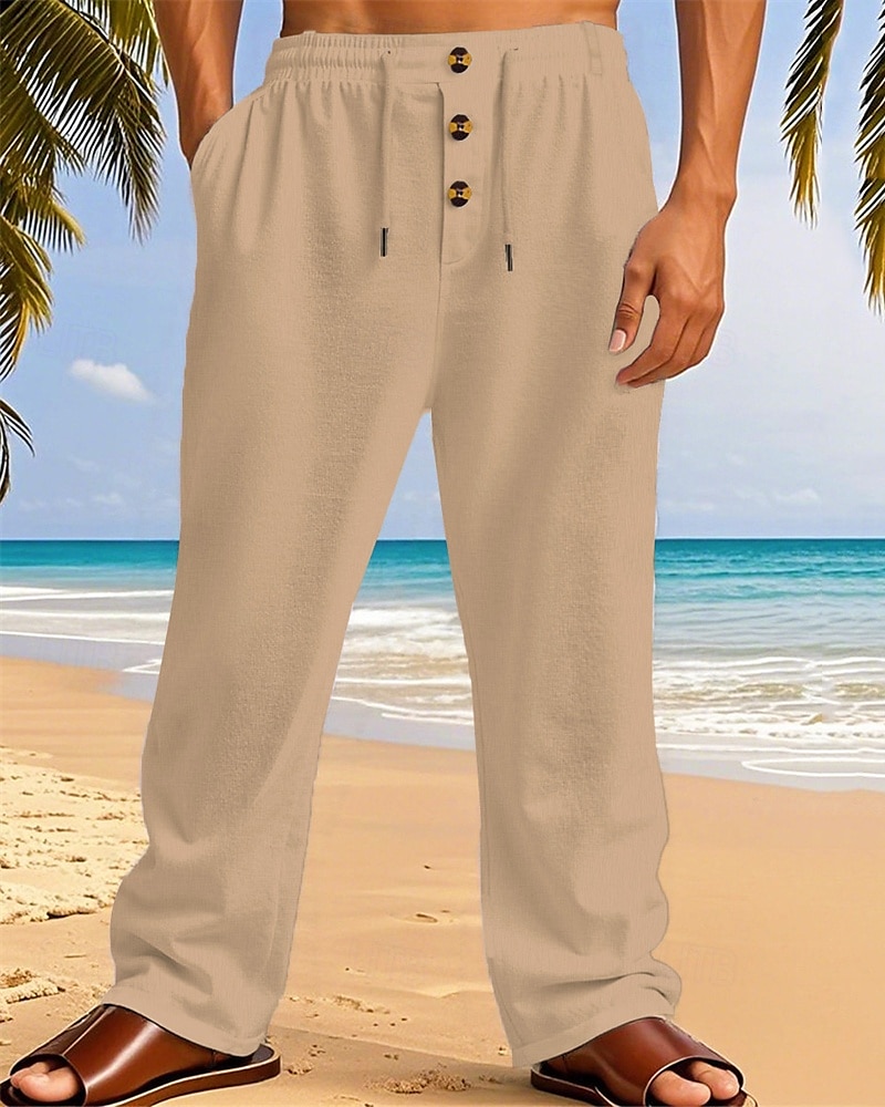 Men's Linen Pants Trousers Summer Pants Beach Pants Pocket Elastic Waist Drawstring Plain Comfort Breathable Vacation Daily Holiday Hawaiian Boho Dark Khaki Black 2025 - $18.99 –P19
