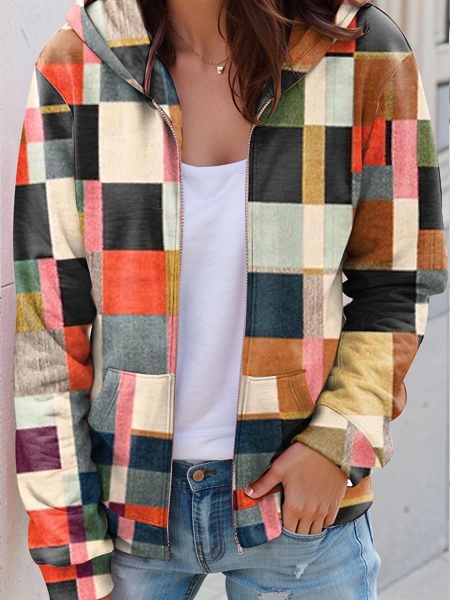 Veste à fermeture éclair pour femmes graphique à carreaux mode décontractée à manches longues à capuche tops réguliers vêtements de rue port quotidien poche impression blanc bleu violet orange vert de 2025 ? $27.99 –P1