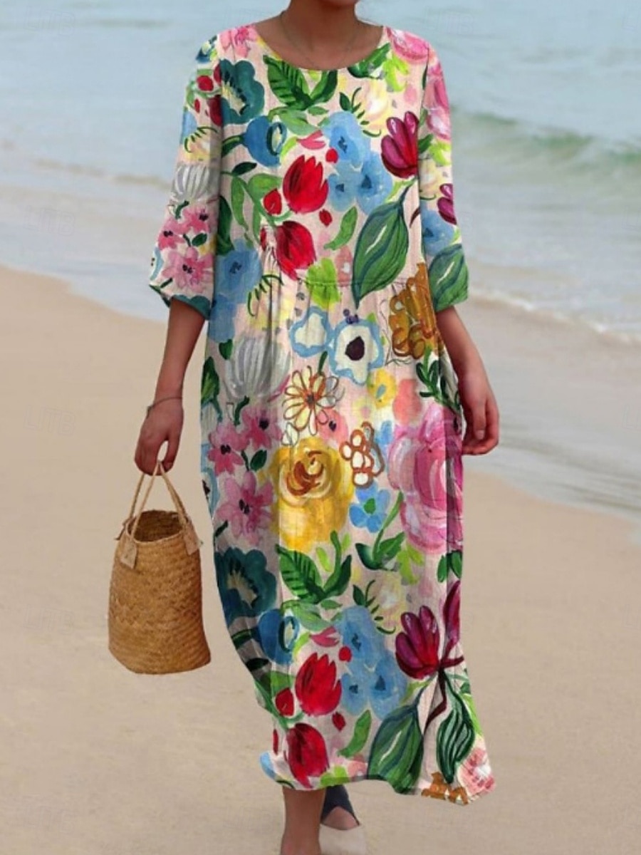 Femmes Robe Midi Robe Décontractée Robe Imprimée Mode Moderne Quotidien Plage Week-end Coupe régulière Fleuri Manche 3/4 Col ras du cou Bleu Vert Été Printemps Automne de 2025 ? $31.99 –P2