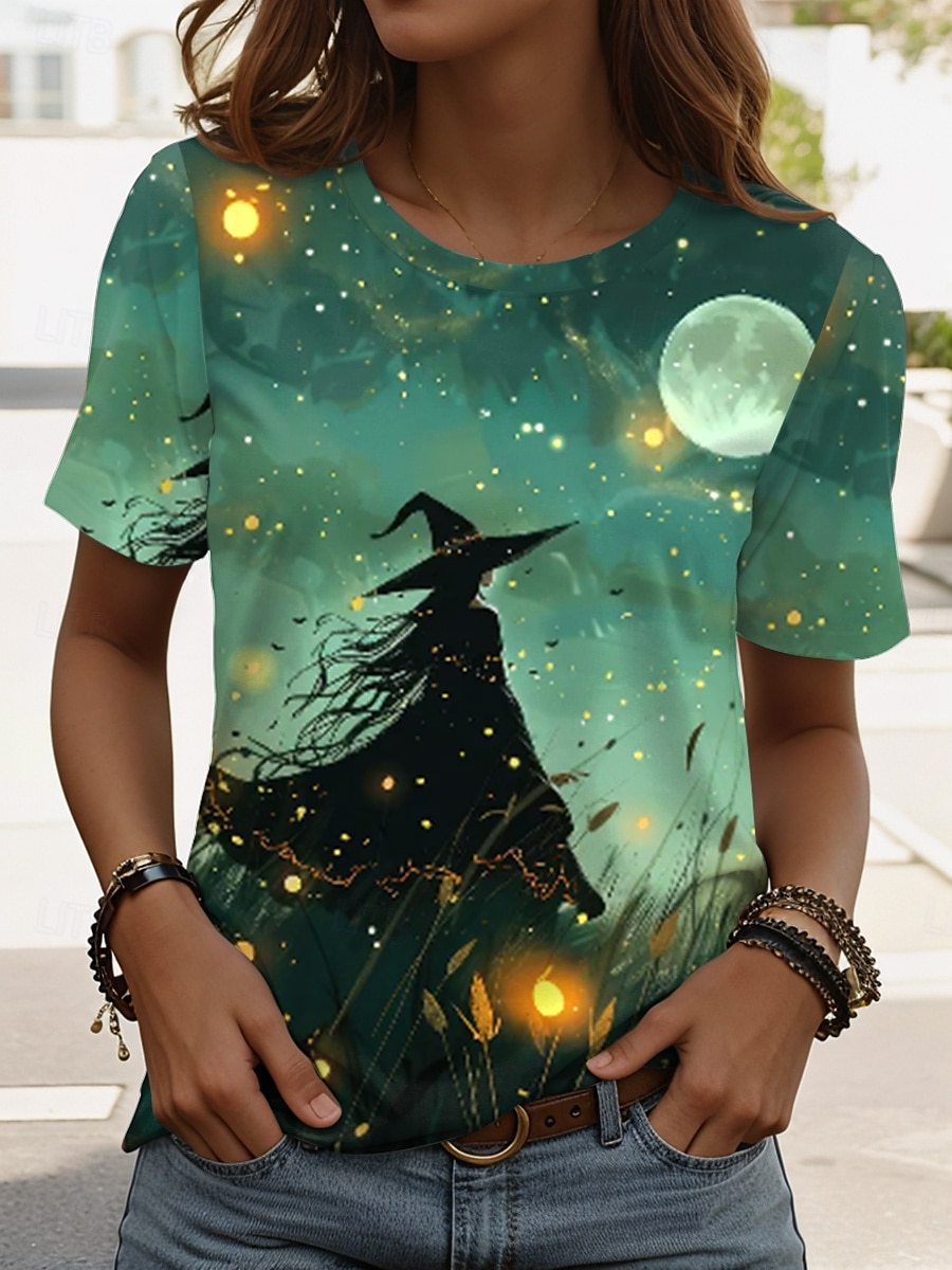 Halloween Pentru femei Tricou Grafic Halloween Epocă Stilat Clasic Manșon scurt Stil Nautic Rotund Topuri obișnuite Zilnic Sfârșit de săptămână Imprimeu Negru Roz Îmbujorat Albastru piscină Albastru 2025 - $19.99 –P1