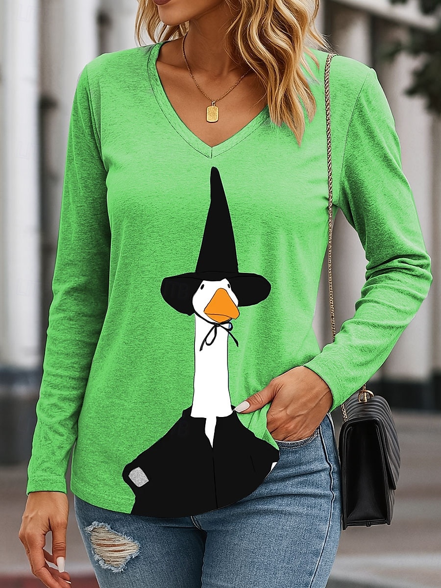 Halloween Femmes T-shirt Graphique Halloween Canard Élégant ancien Western manche longue Col en V Hauts Réguliers Quotidien Sortir Week-end Imprimé Bleu Violet Vert Kaki Printemps Automne de 2025 ? $22.99 –P1
