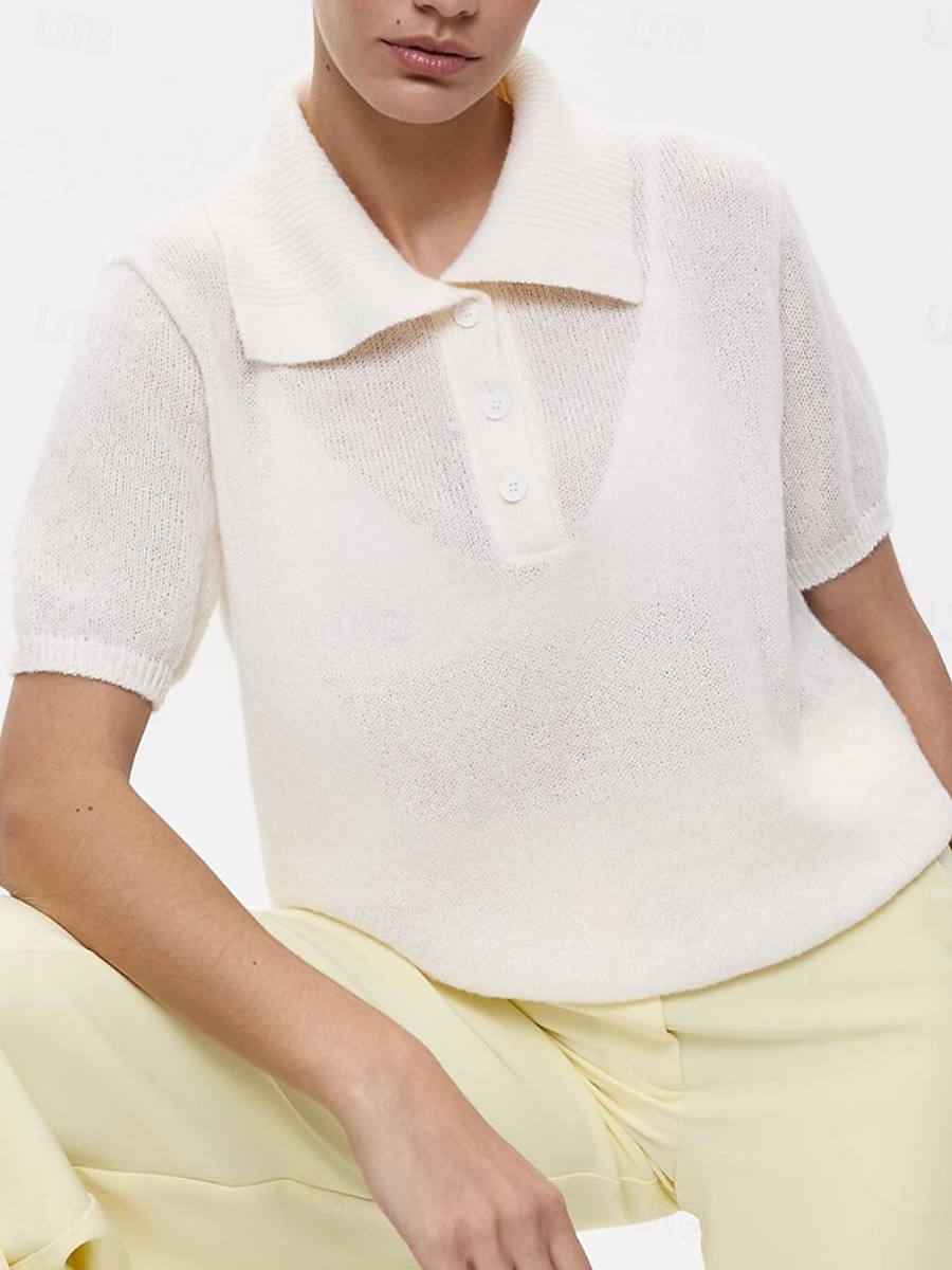 Damen Pullover Lässig Weich Einfarbig Gerippt Hemdkragen Knöpfe Gestrickt Langarm Normale Oberteile Stricken Outdoor Täglich Wochenende Schwarz Weiß Herbst Winter 2025 - $23.99 –P2