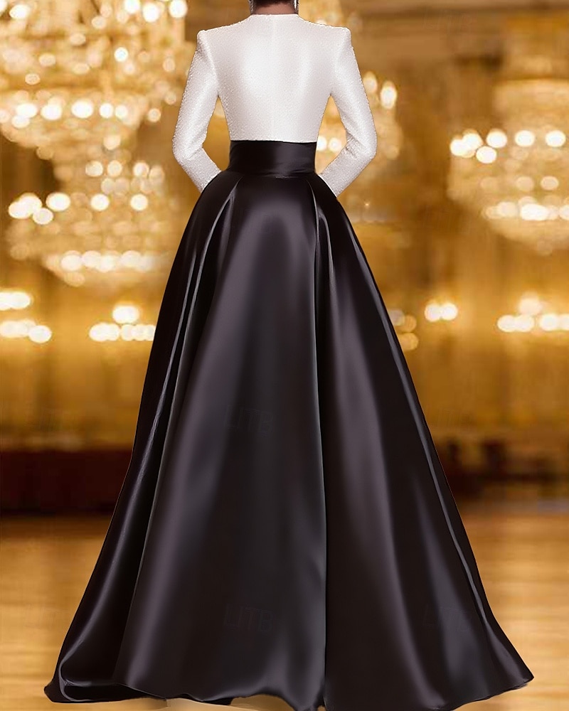 Fekete és Fehér A-vonal Estélyi Ruhák Elegáns Ruha Formális Esküvő Térd alatti Hosszú Ujjú Környakú Zsebes Satin Flitteres Zsebbel 2025 - $137.99 –P2