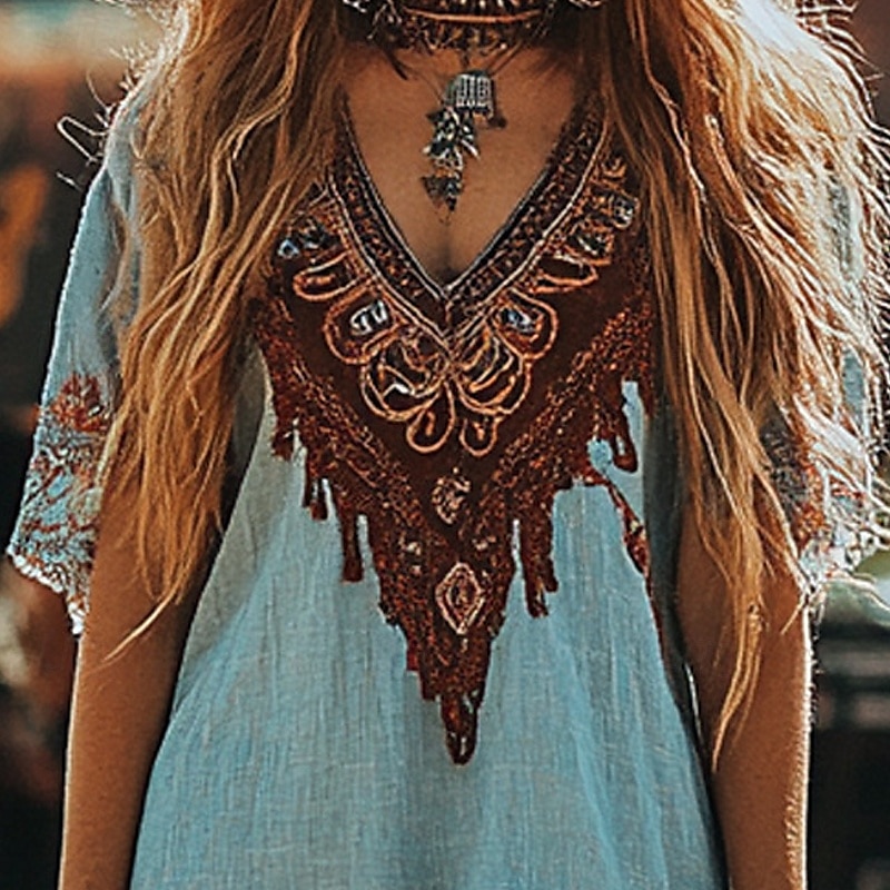Damen Minikleid Freizeitkleid Boho-Kleid Mode Reifen Outdoor Party Ferien Normale Passform Stammes Kurzarm V Ausschnitt Blau Sommer Frühling 2025 - $23.99 –P2