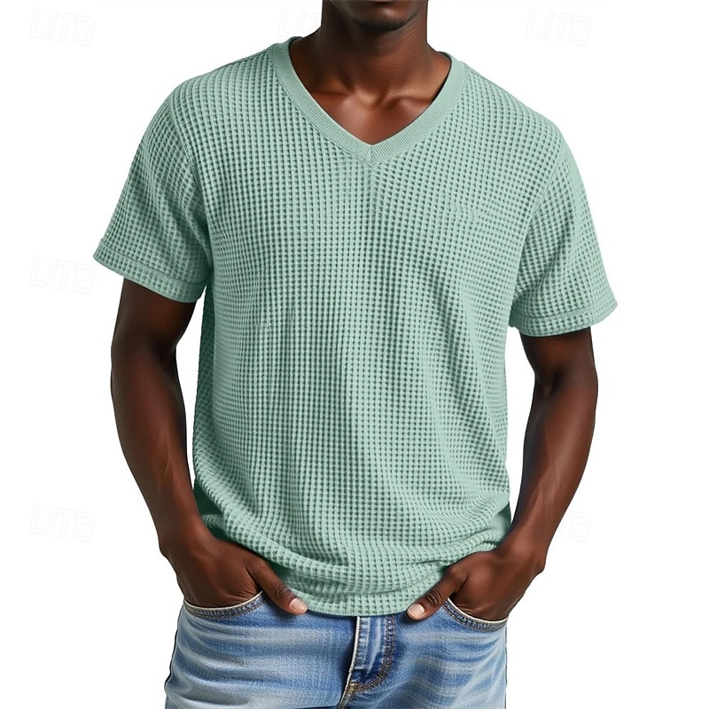 Herren Waffel-T-Shirt T Shirt T-Shirt Kurzarmshirt Kurzarm V Ausschnitt Sommer Einfach Mode Designer Basic Jacquard Urlaub Straße Ausgehen Aprikose Schwarz Purpur Top T-Shirt für Herren 2025 - $18.49 –P1