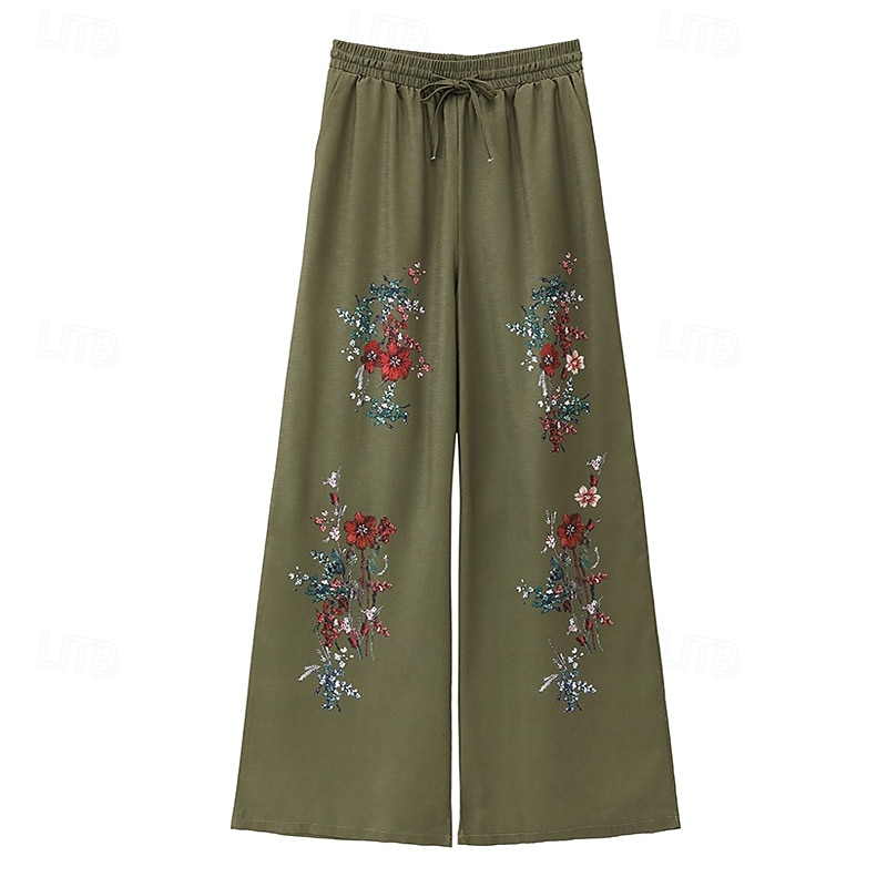 Pantalones anchos bohemios para mujer, largos, con estampado de flores naturales, bolsillos y cordón elástico, cómodos para exteriores, vacaciones, fin de semana, color verde, corte regular. 2025 - $24.99 –P4