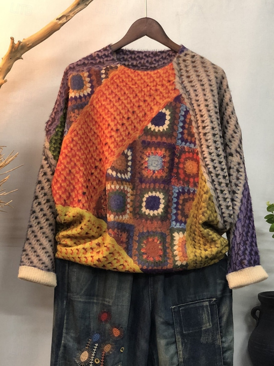 Women's Sweater Casual Soft Floral Ribbed Crew Neck Floral Knitted Long Sleeve Regular Tops Knit Outdoor Daily Weekend Yellow Red Fall Winter 2025 - $37.99 –P2
