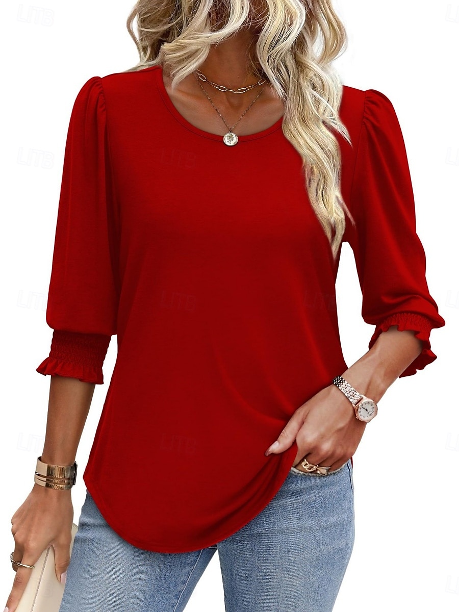 Femmes Chemisier Couleur Unie Élégant Occasionnel Manche 3/4 Col ras du cou Hauts Réguliers Quotidien Noir Blanche Rouge Bleu Été Printemps Automne de 2025 ? $19.99 –P4