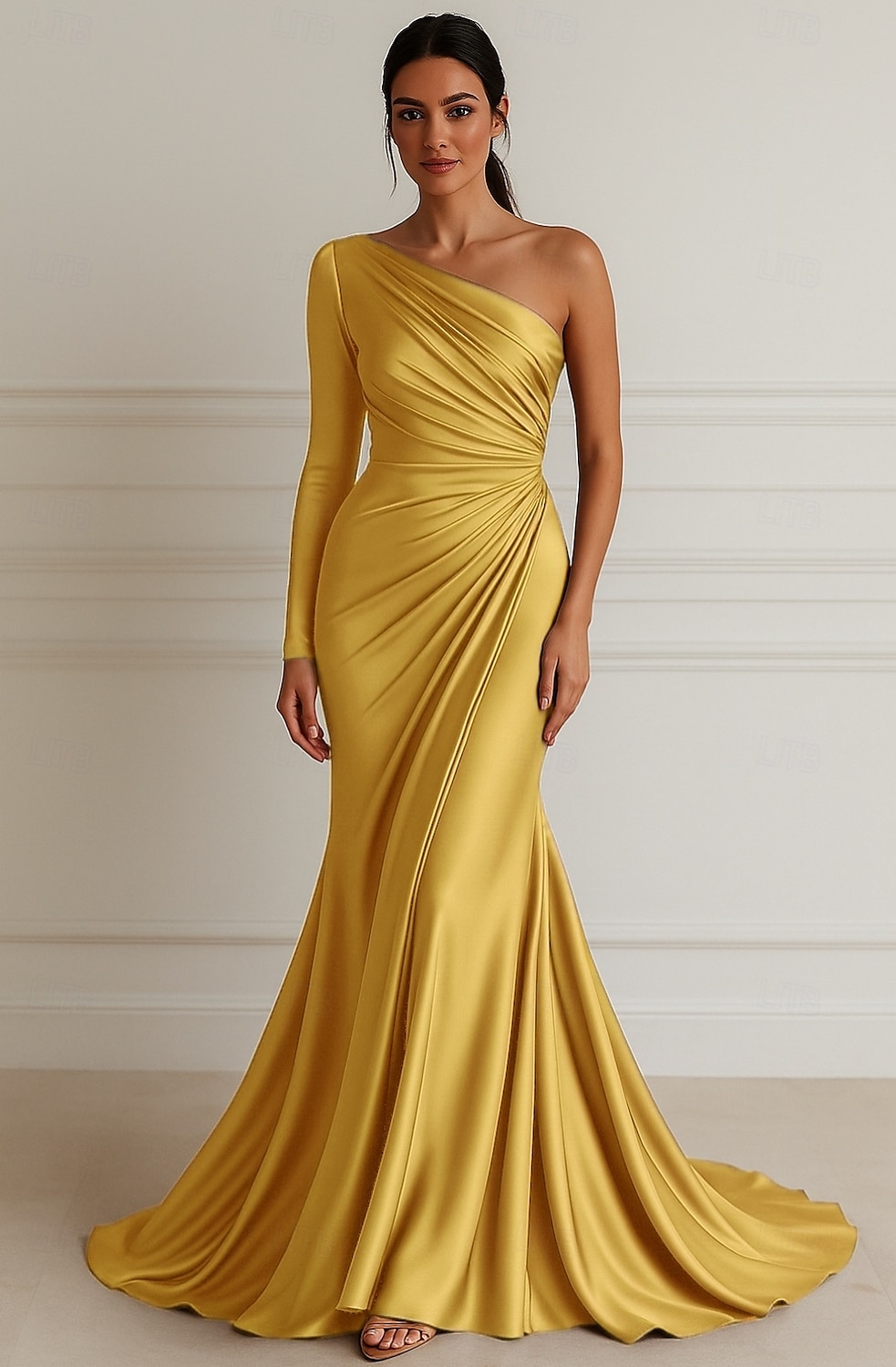 Sirena / Tromba Abito da Sera Elegante Vestito Formale Matrimonio Lunghezza al pavimento Manica Lunga Monospalla Vestito Rosa Raso Elasticizzato con Pieghe 2025 del 2025 a $139.99 –P4