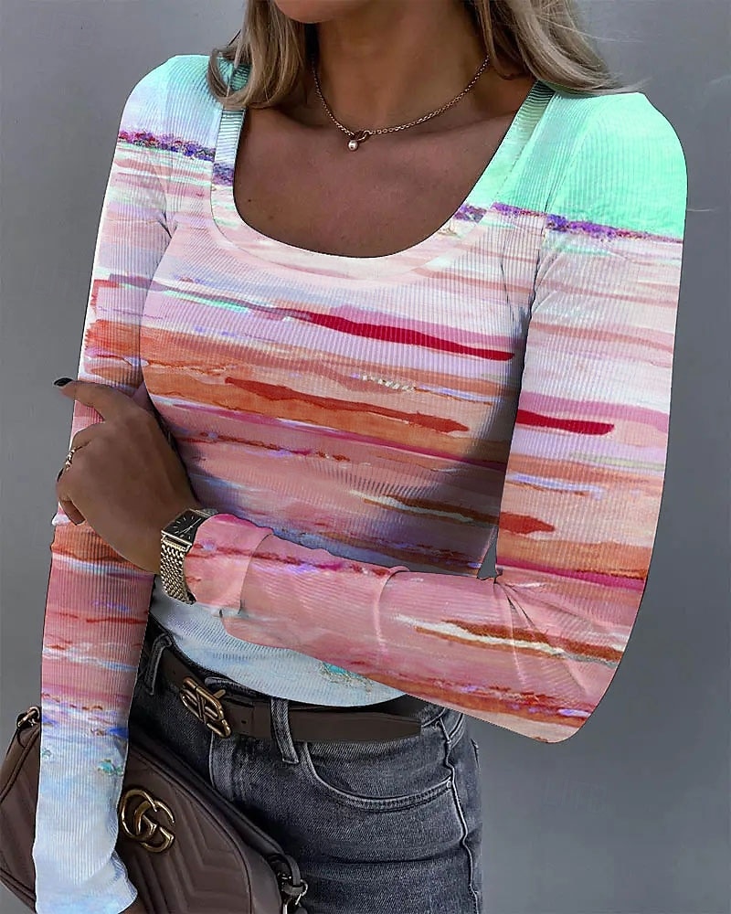 Femmes Tunique A Ombre Graphique ancien Mode Élégant manche longue Col carré Hauts Réguliers Quotidien Imprimé Rouge Bleu Violet Vert Été Printemps Automne de 2025 ? $24.99 –P2