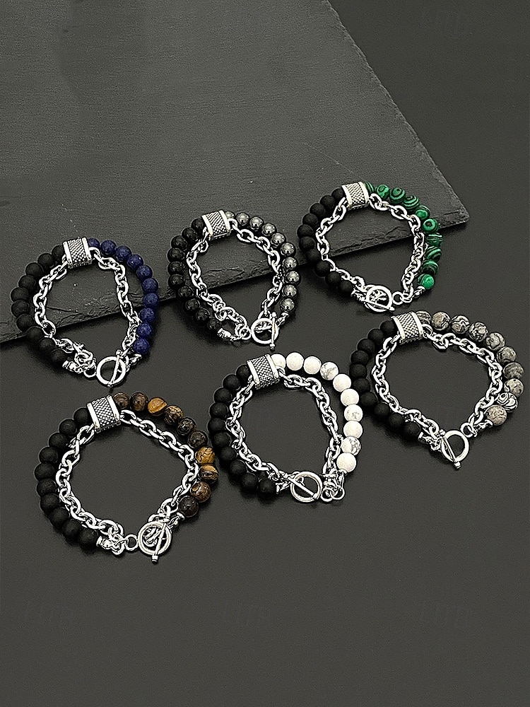 мужской браслет-цепочка из натуральных камней с бусинами – двухрядный регулируемый браслет с застежкой-тогл для повседневного, уличного и праздничного стиля 2025 - $9.99 –P5