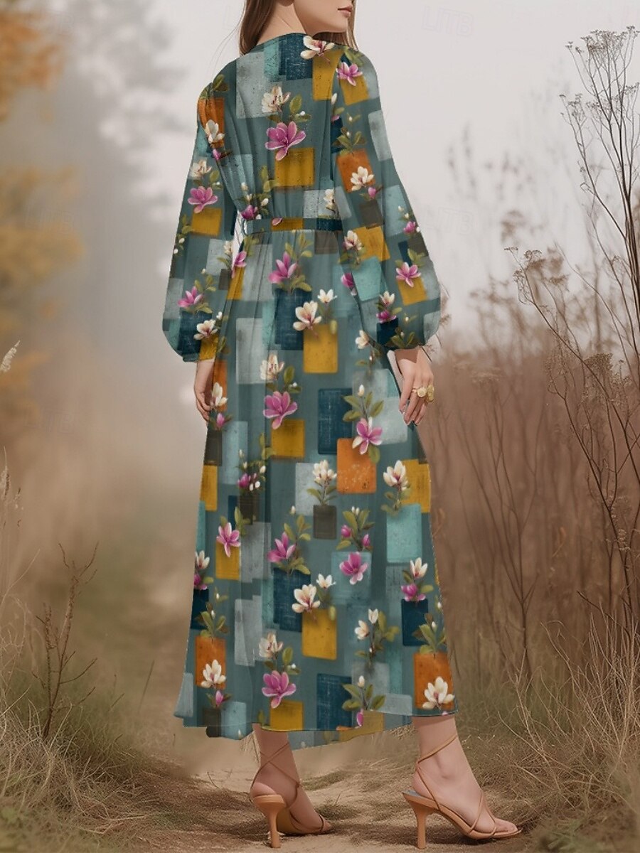 Damen Midikleid Freizeitkleid Chiffon Schwingkleid Modern Urlaub Täglich Wochenende Normale Passform Blumen Karomuster Langarm V Ausschnitt Dunkelgrün Purpur Grün Sommer Frühling Herbst 2025 - $31.99 –P6