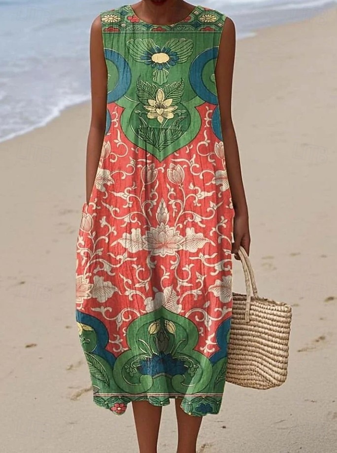 Damen Midi Kleid Leinenähnliches Sommerkleid Shift Kleid A-Linien Kleid Urlaub Freizeit Boho Party Ausgehen Strand Lockerer Schnitt Floral Grafisch Ärmellos Rundhalsausschnitt Hellgelb Tiefgrün Grau 2026 - $39.99 –P4