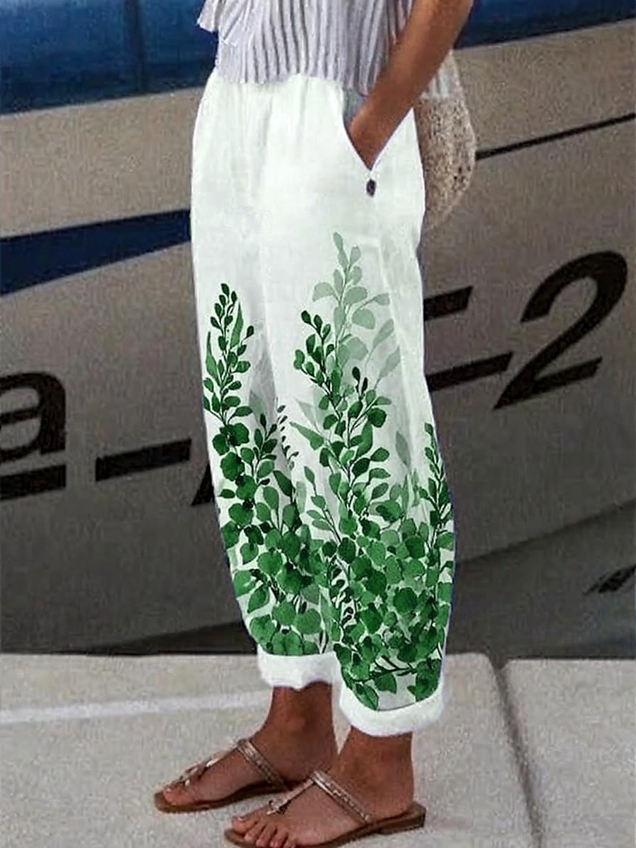 Women's Chinos Vacation Vintage Ethnic Style Ankle-Length High Waist Floral Graphic Leaf Pocket Soft Outdoor Breathable Inelastic Vacation Street Causal White-Blue Purple Green Khaki Summer Spring 2025 - $32.99 –P5
