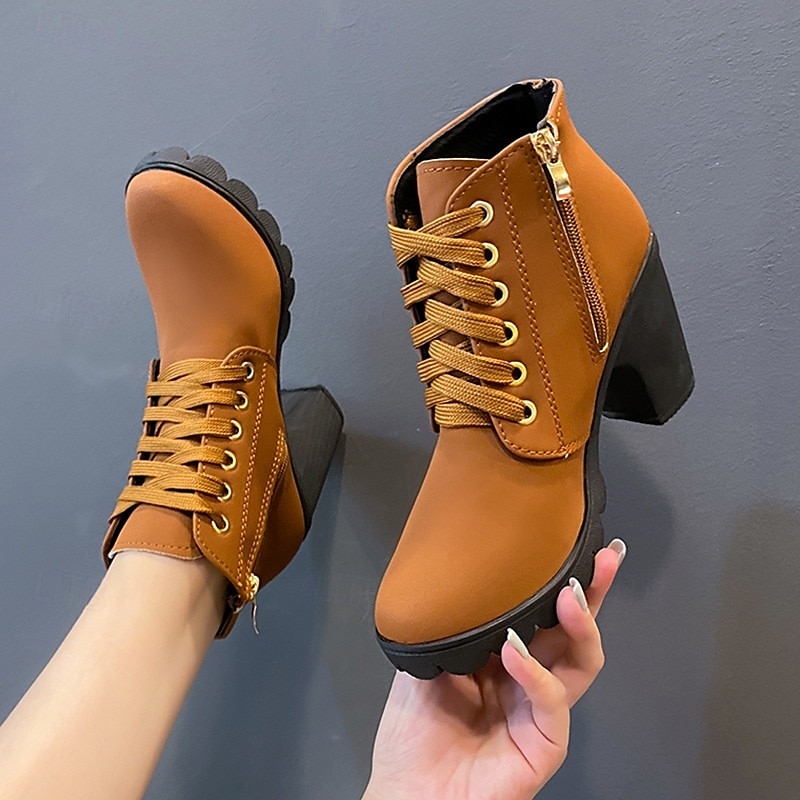 Bottines noires à lacets pour femmes avec talon épais et boucle latérale, bottines courtes décontractées et tendance pour l'automne et l'hiver de 2025 ? $29.99 –P5