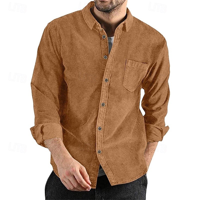 Men's Shirt Jacket Corduroy Jacket Casual Jacket Shacket Vacation Daily Breathable Pocket Spring Fall Plain Fashion Classic Lapel Regular Black Navy Blue Brown Army Green Dark Gray Jacket 2025 - $23.99 –P1