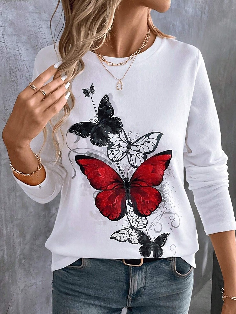 Женская футболка с круглым вырезом длинным рукавом туника графическая бабочка винтажная повседневная обычные топы ежедневный принт красный синий радужный весна осень 2025 - $22.99 –P4