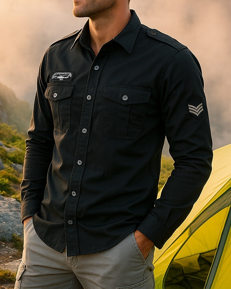 Муж. рубашка-карго Длинный рукав Отложной Верхняя часть На открытом воздухе Дышащий Весна Осень Хлопок Черный Зеленый Теннис Гольф Бег 2026 - $31.99 –P1