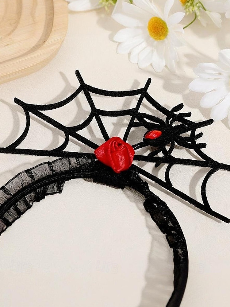Serre-tête d'Halloween en toile d'araignée pour femme – Dentelle noire gothique avec motif rose rouge et araignée, polyester léger et plastique, parfait pour les fêtes costumées et le cosplay de 2025 ? $9.99 –P5