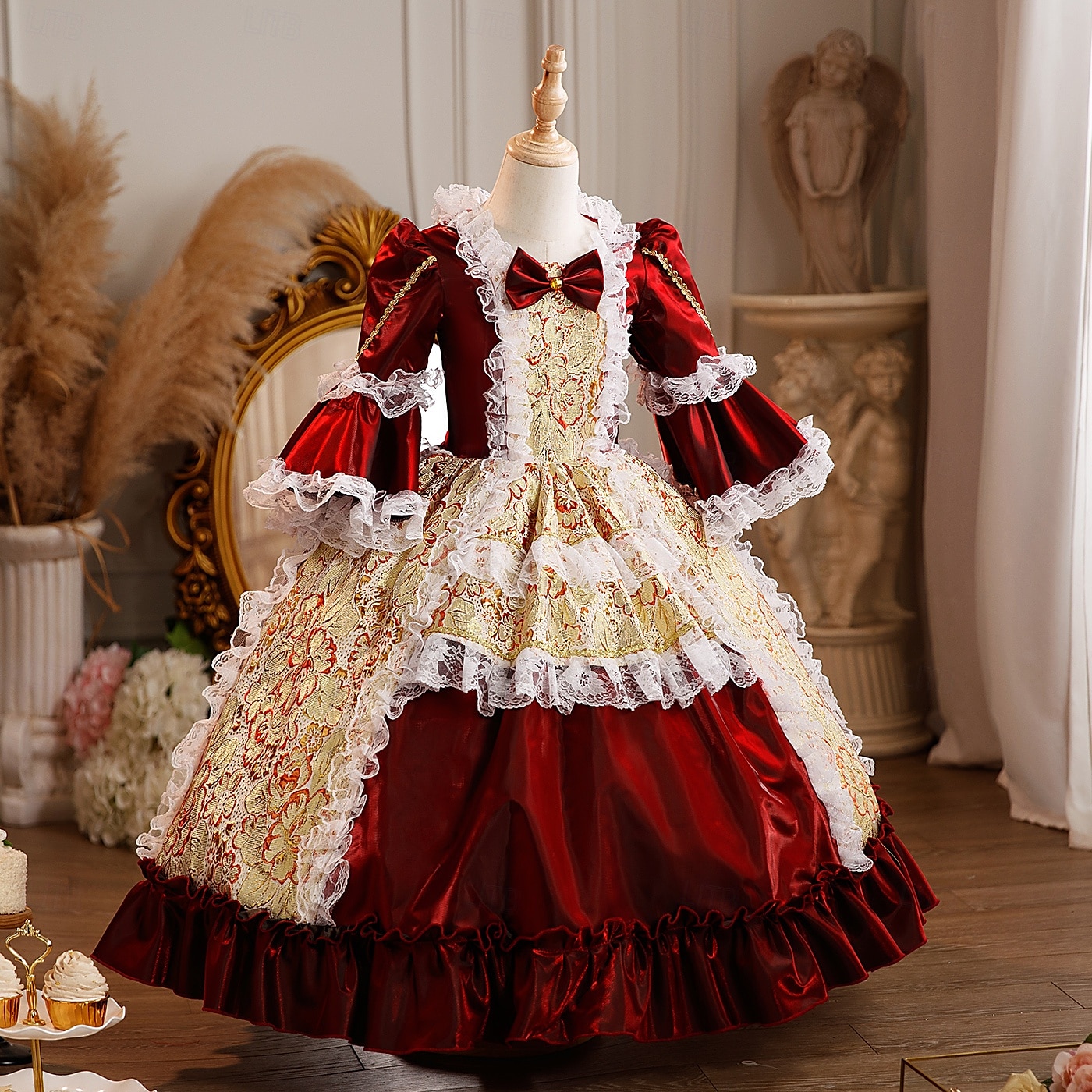 Steampunk Prinzessin schick Maxi Partykostüm Zubehör Glockenärmel Prinzessin Belle Schleife Retro Ballkleid Spitzkragen Kostüm Mädchen königlich Weihnachten Halloween Karneval Maskerade 2026 - $139.99 –P5