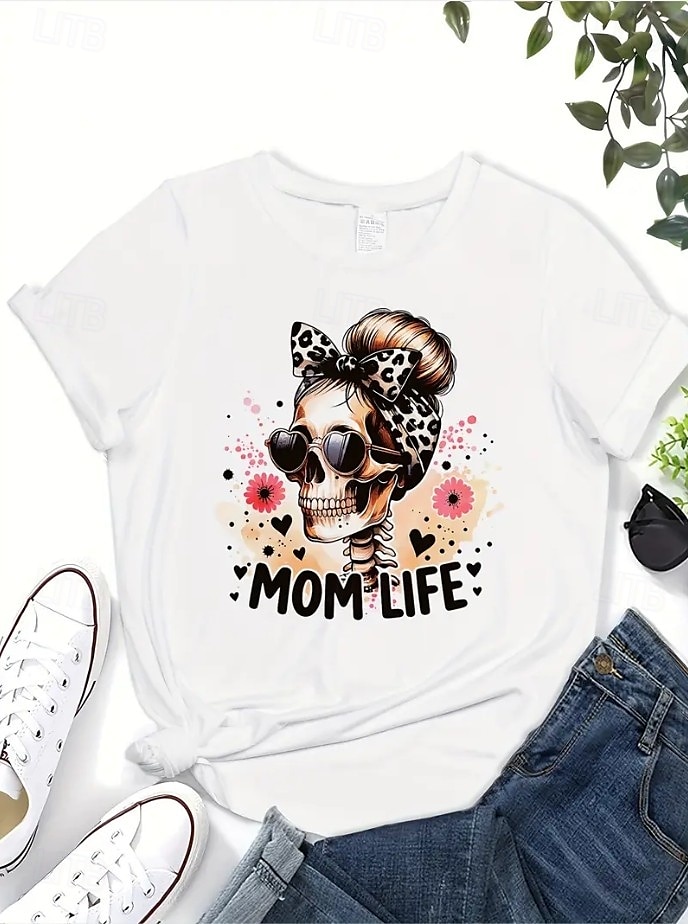 Halloween Femmes T-shirt Chemise en coton Drapeau Crâne ancien Élégant Classique Manche Courte Col ras du cou Col rond Hauts Réguliers Quotidien Imprimé Noir Blanche Été Printemps de 2025 ? $19.99 –P3