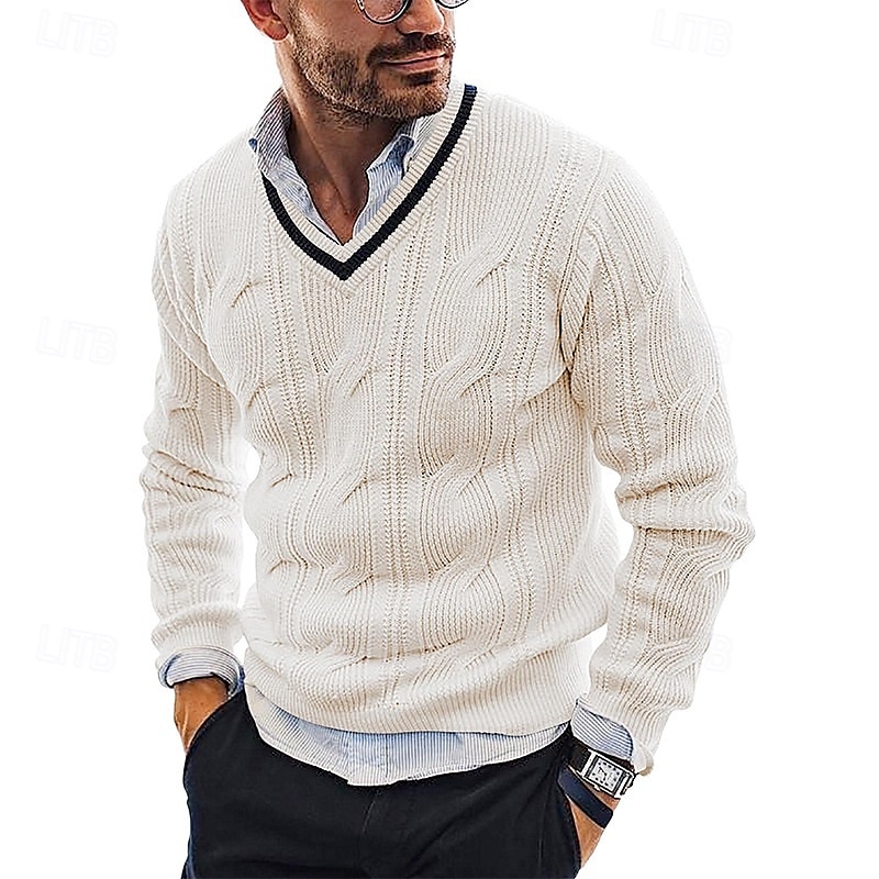 Herren Pullover Zopfmuster Stricken Normale Oberteile V-Ausschnitt Gestrickt Einfach V Ausschnitt Strickware Moderne zeitgenössische Lässig Alltagskleidung Bekleidung Herbst Winter Schwarz Weiß M L XL 2025 - $37.99 –P6