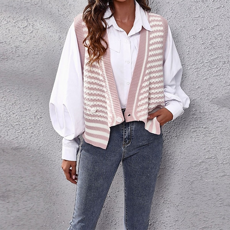 Pentru femei Bluza Casual Dungi Grosolan În V Tricotat Fără manșon Topuri obișnuite Tricotat Zilnic Concediu Ieșire Roz Îmbujorat Toamnă Iarnă 2025 - $19.99 –P3