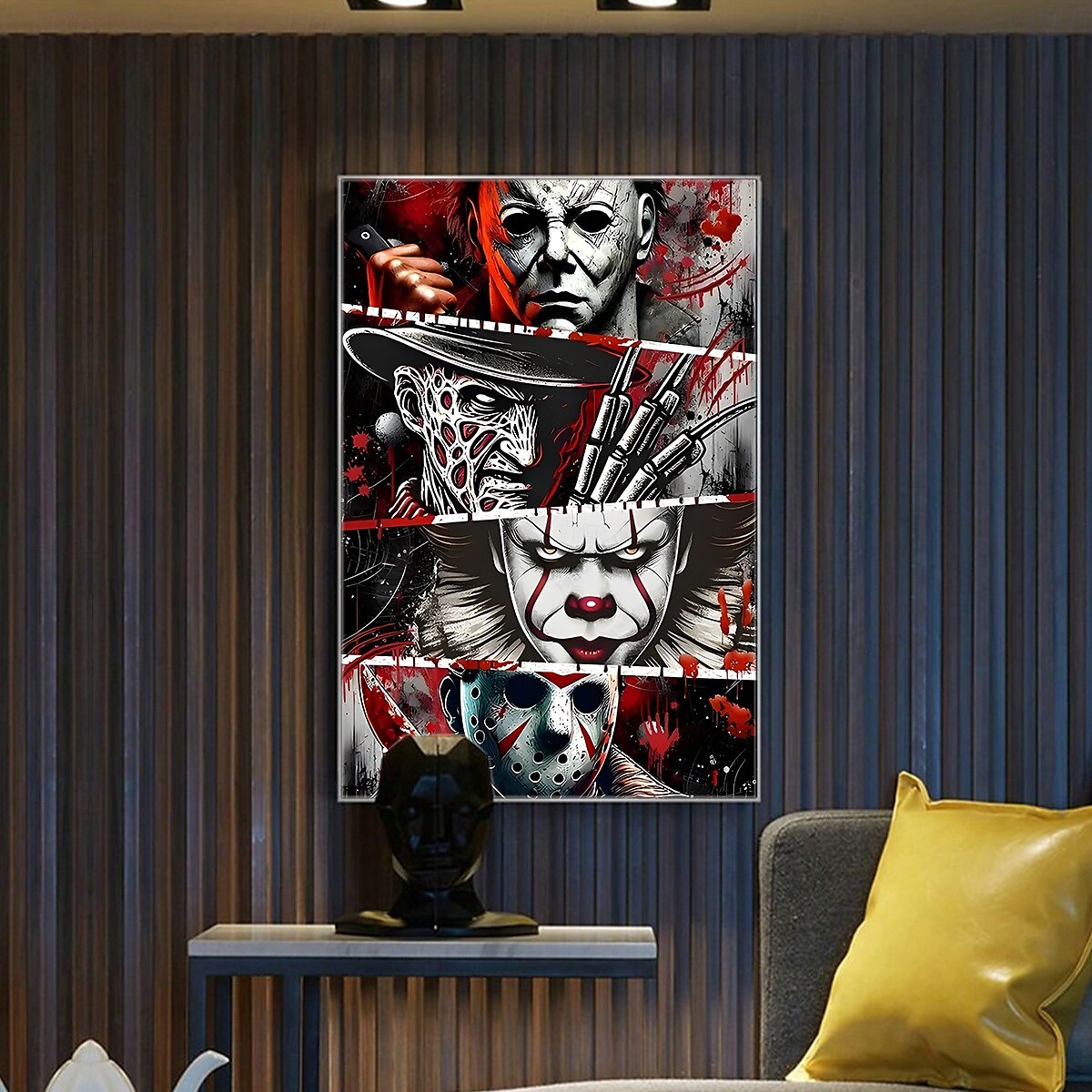 Póster de lienzo con diseño de personaje de terror de 1 pieza, sin marco, listo para colgar, tela resistente al agua, estilo clásico con detalles brillantes para baño, dormitorio, oficina, sala de 2025 - $13.99 –P4