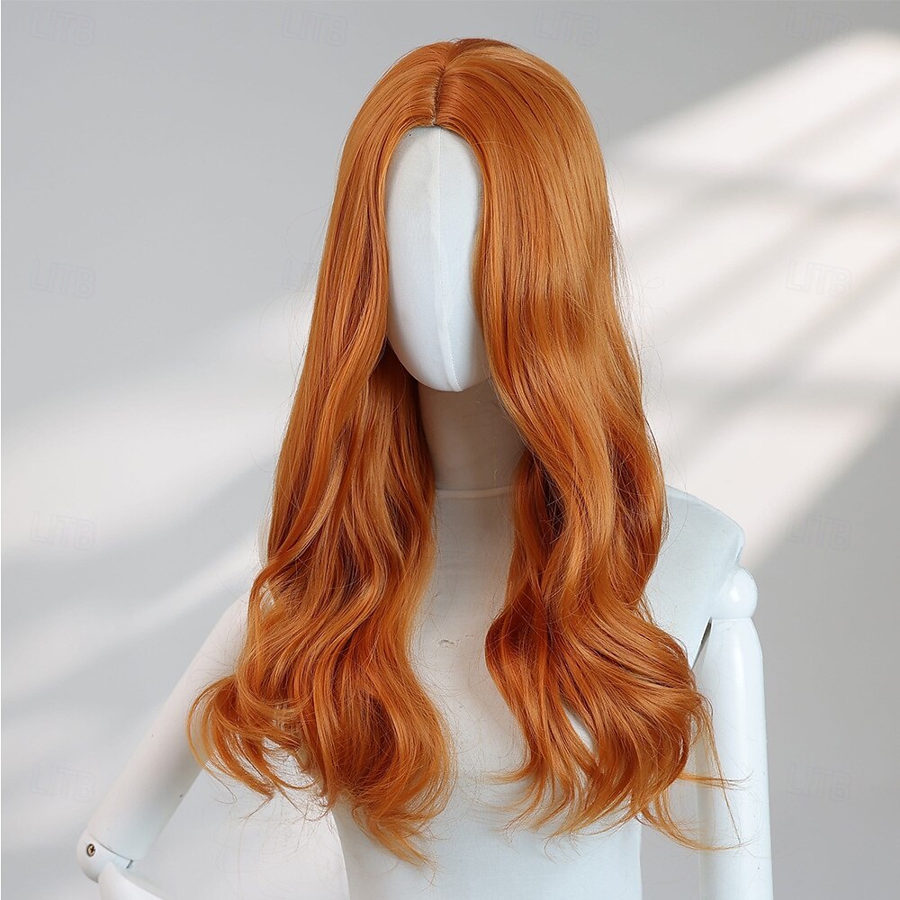 Parrucca di Halloween arancione ondulata di media lunghezza da 20 pollici, riga centrale, senza frangia, capelli sintetici resistenti al calore per cosplay &servizi fotografici del 2025 a $32.99 –P4