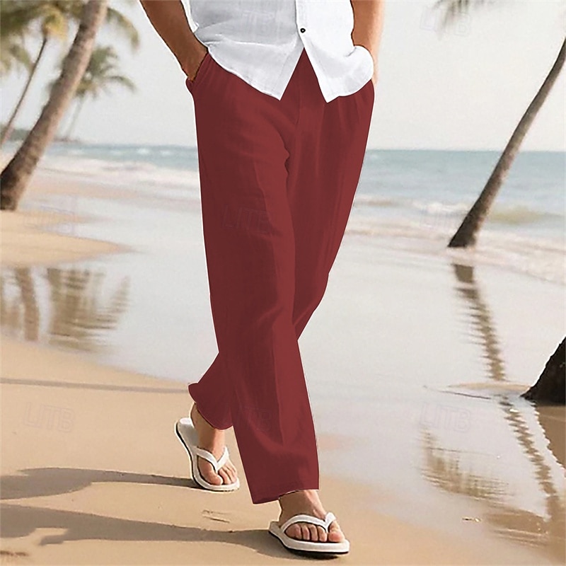 Men's Linen Pants Trousers Summer Pants Baggy Pants Beach Pants Drawstring Elastic Waist Straight Leg Plain Comfort Breathable Full Length Casual Daily Outdoor Vacation Classic Style Khaki Inelastic 2026 - $21.99 –P14