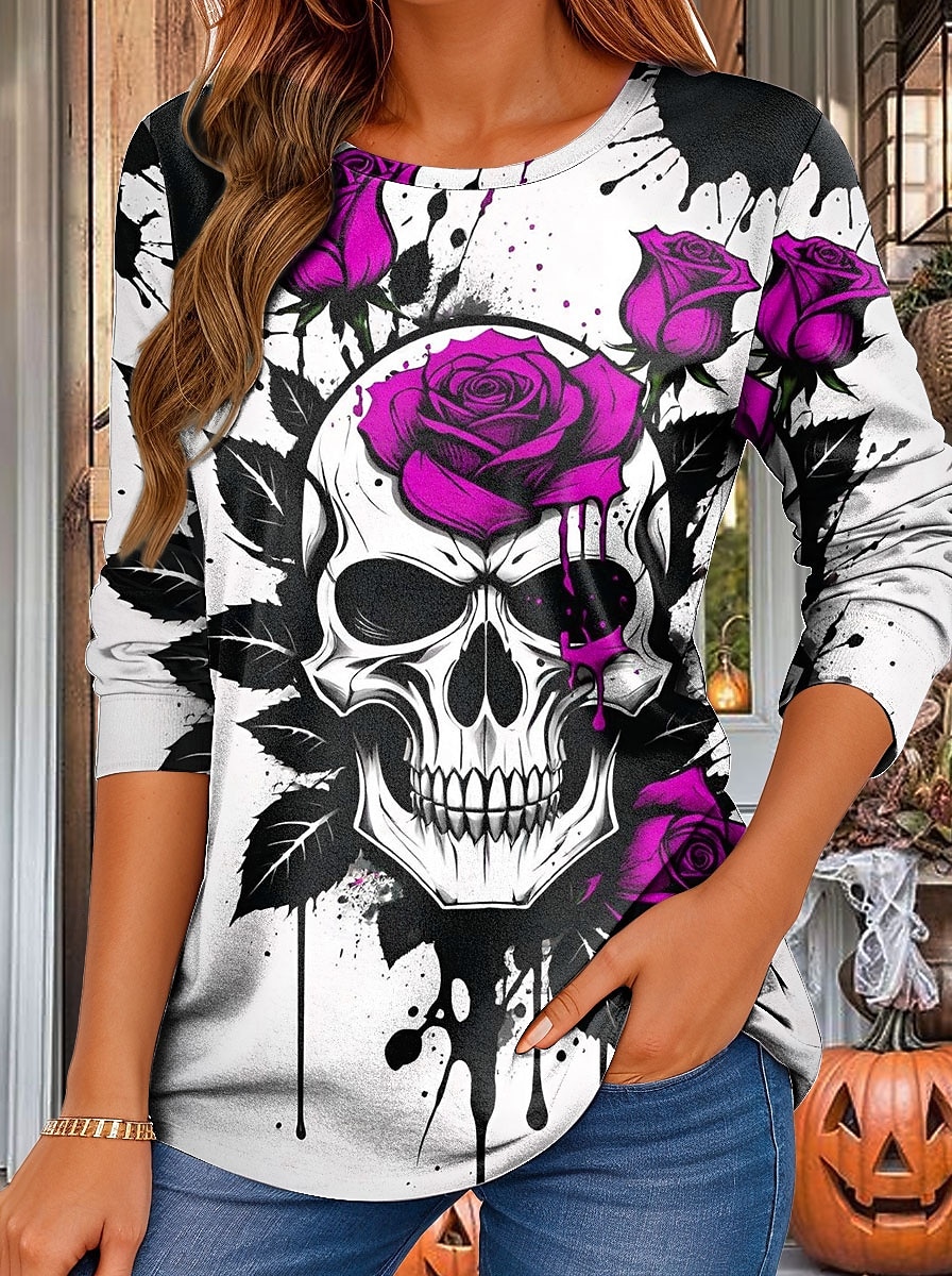 Halloween Dame T skjorte Grafisk Hodeskaller Rose Årgang Stilfull Klassisk Langermet Crew-hals Vanlige topper Daglig Trykt mønster Rød Lilla Oransje Grønn Vår Høst 2025 - $22.99 –P4