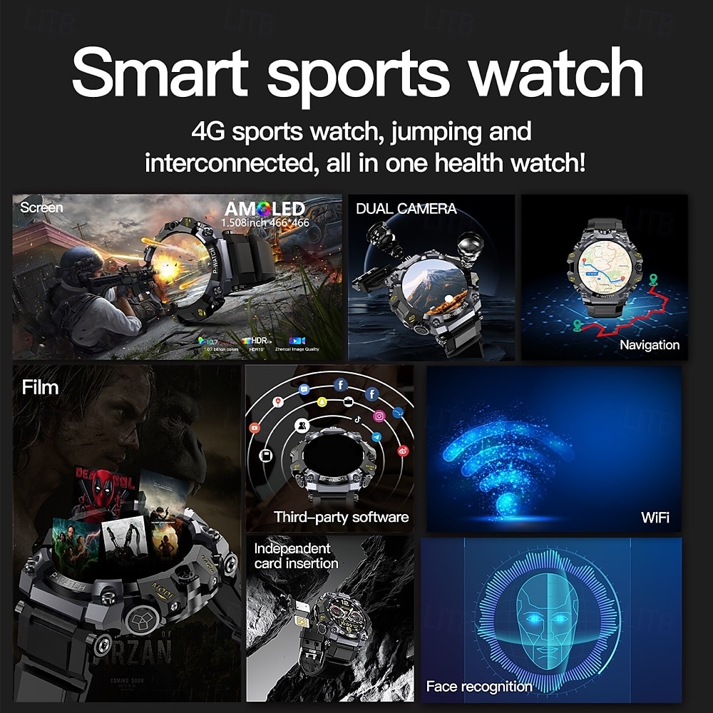 P888 Chytré hodinky 1.508 inch Inteligentní hodinky Bluetooth 4G Krokoměr Záznamník hovorů Sledování aktivity Kompatibilní s Android iOS Muži GPS Dlouhá životnost na nabití Voděodolné IP68 22mm 2025 - $92.99 –P2