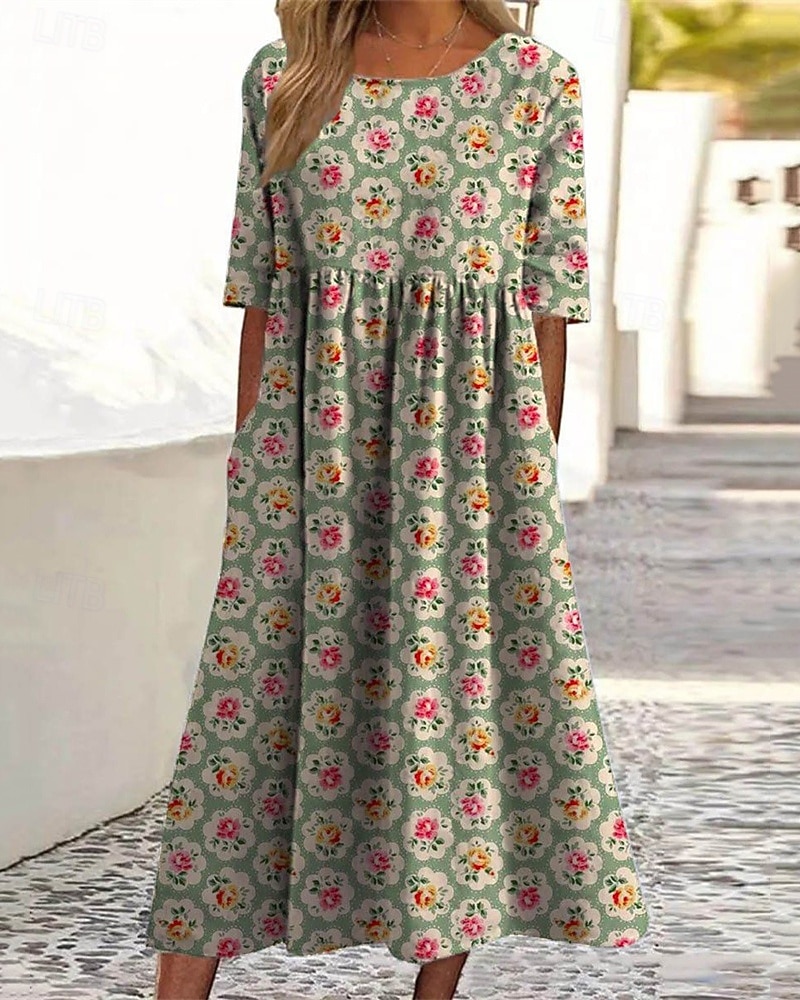 Women's Midi Dress Casual Dress Summer Dress Fashion Modern Daily Beach Weekend Regular Fit Flower Half Sleeve Crew Neck Black Purple Green Spring Fall 2026 - $29.99 –P2