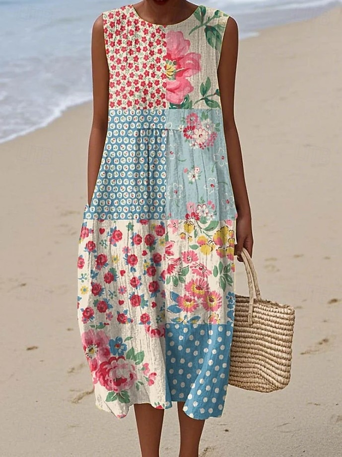Women's Midi Dress Linen Like Sundress Shift Dress Vacation Casual Boho Party Beach Floral Graphic Sleeveless Crewneck Black Green Blue White Pink Red Summer Spring 2026 - $16.49 –P3