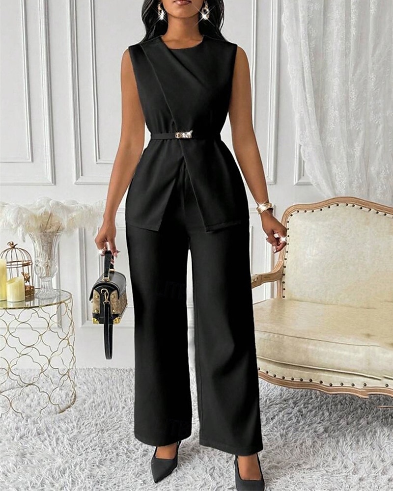 Dam Elegant Mode Byxuppsättningar Bolero Top Ärmlös Rund hals Ensfärgat Semester Ledigt / vardag Svart Vit Rubinrött Sommar Normal 2025 - $29.99 –P1