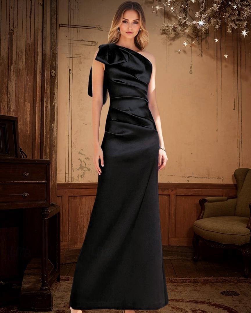 Abito da sera a sirena/tromba con cravatta nera, elegante e lucido, lungo fino al pavimento, senza maniche, monospalla, in raso con fiocco/i, pieghe e arricciato, 2025 del 2025 a $135.99 –P5