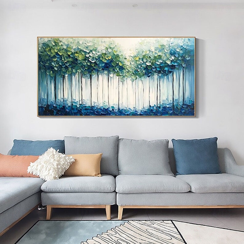 Peinture à l'huile faite à la main, forêt abstraite moderne, coups de pinceau texturés audacieux, canopée vert émeraude, teintes bleu sarcelle, troncs minimalistes, profondeurs saphir, galerie d'art de 2025 ? $108.99 –P4