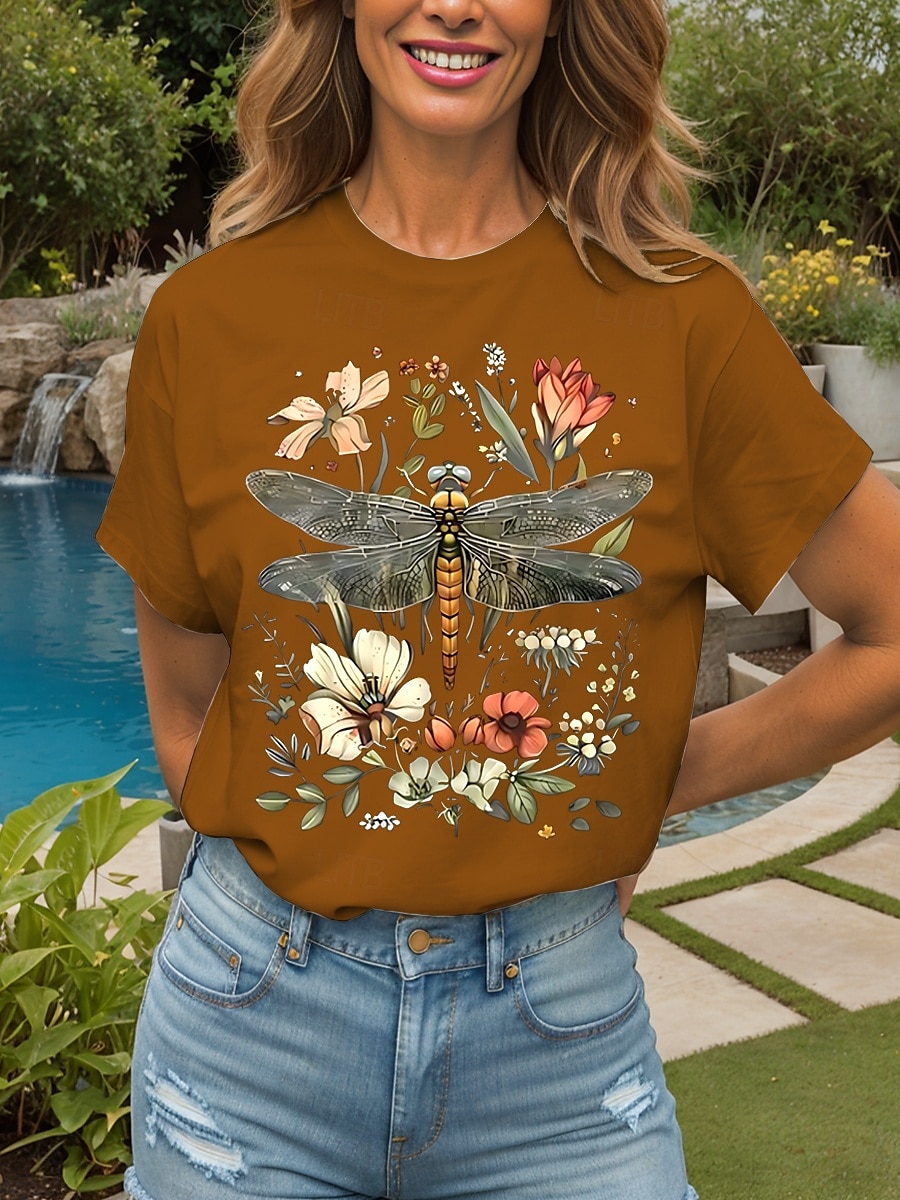 Femmes T-shirt Fleuri Graphique Libellule ancien Élégant Classique Manche Courte Col ras du cou Col rond Hauts Réguliers Quotidien Week-end Imprimé Noir Blanche Jaune Rose Claire Rouge Été Printemps de 2025 ? $19.99 –P9