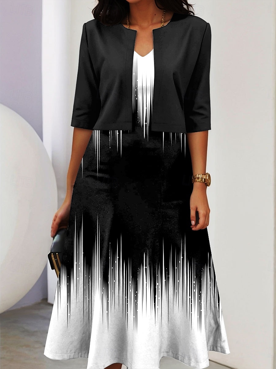 Ensemble de robes pour femmes en deux pièces robe midi avec veste élégante robe en A manches mi-longues robe décontractée semi-formelle imprimé graphique ombragé encolure en V rendez-vous noire rose de 2025 ? $36.99 –P5