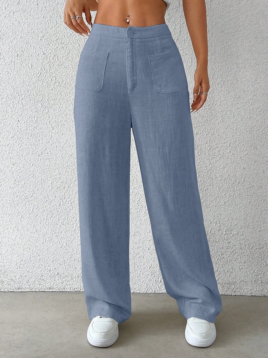 Damen Weites Bein Chinos Mode Basic Lässig Volle Länge Mittlere Taillenlinie Einfarbig Tasche Komfort Außenbereich Unelastisch Urlaub Straße Täglich Schwarz Weiß Blau Aprikose Sommer Frühling Herbst 2025 - $37.99 –P10