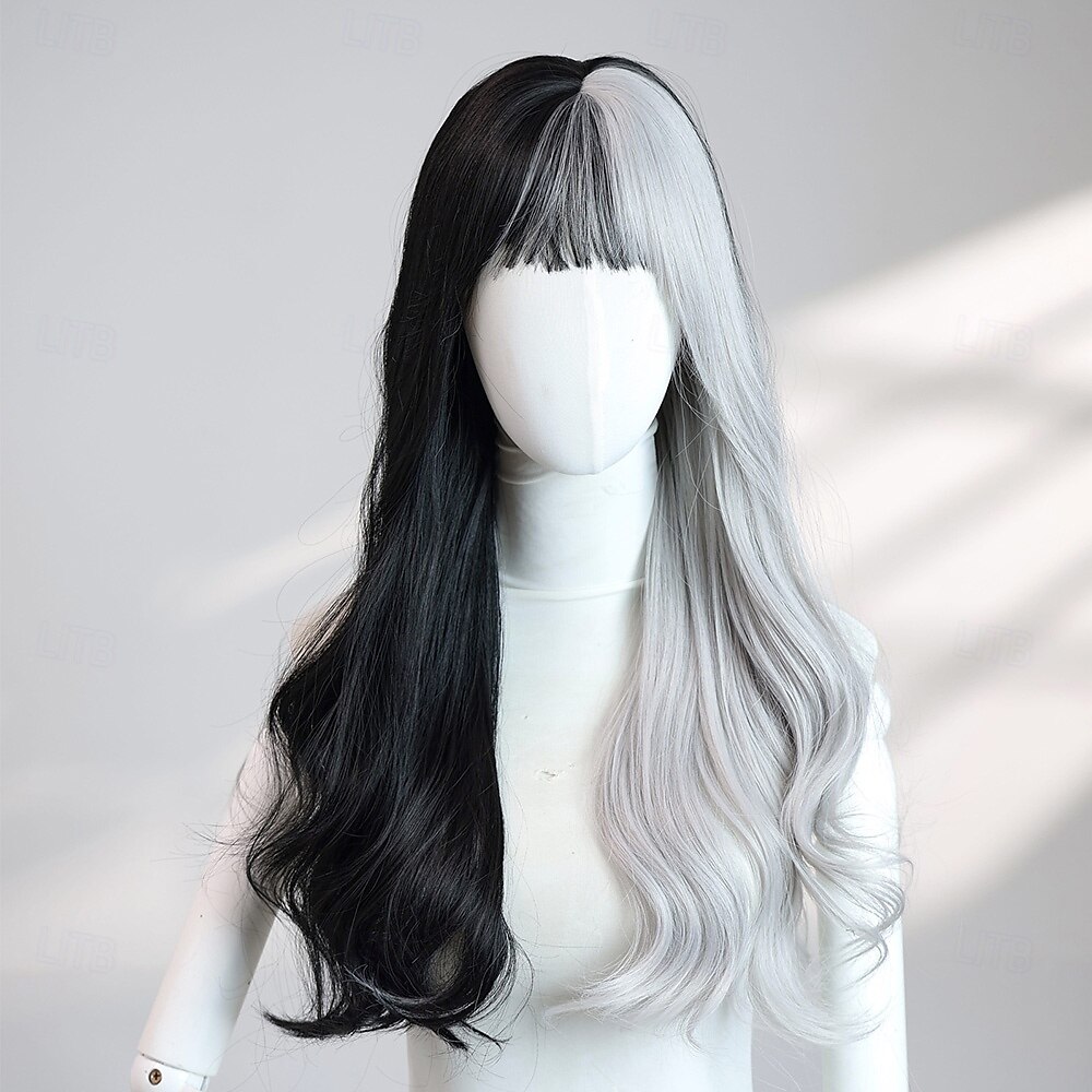 Parrucca ondulata nera e grigia da 24 pollici per donna: capelli bicolore alla moda con frangia, perfetta per costumi di Halloween e moda quotidiana del 2025 a $33.99 –P3