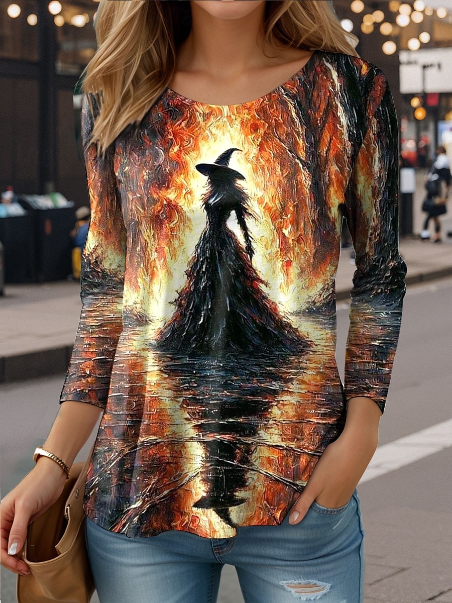 Halloween Pentru femei Tricou Grafic Vrăjitoare Epocă Stilat Casual Manșon Lung Stil Nautic Rotund Topuri obișnuite Zilnic Imprimeu Albastru piscină Mov Portocaliu Trifoi Vară Primăvară Toamnă 2025 - $8.99 –P1