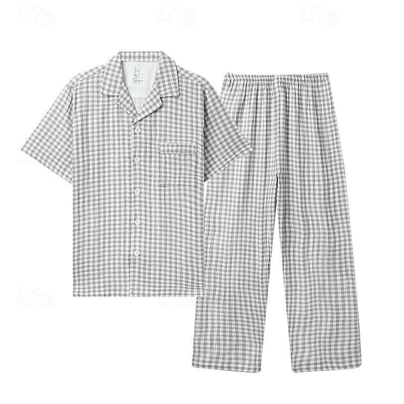 Men's Sleepwear Pajama Set Pajama Top and Pant 1 set Plaid Fashion Stylish Classic Home Daily Bed Cotton Comfort Soft Breathable Lapel Short Sleeve Shirt Pant Elastic Waist Buttons Summer Spring Blue 2025 - Kč729 –P2