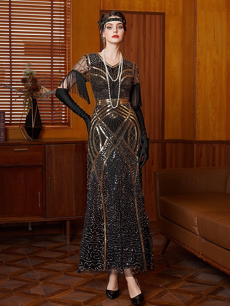 slim fit dress slacks BABEYOND Deep V-Neck Sleeveless Roaring 20s Sequin Fringe Gatsby Flapper Dresses, 1920s Dance Dress, Black, Size L