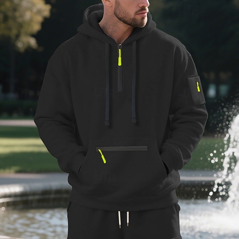 Homme Sweat à capuche Sweat à capuche quart zippé Sweat à capuche en polaire Noir Blanche bleu marine Kaki Gris Clair À capuche Uni Patchwork Quart de zip Sport & Loisir Occasionnel Quotidien de 2025 ? $25.99 –P5